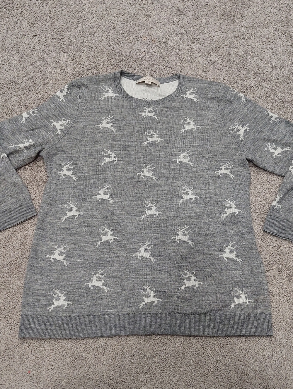 Ann Taylor LOFT Raindeer Sweater Large Gray White Wool Blend 3/4 Sleeve